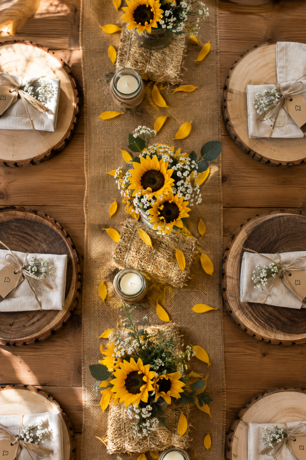 Sunflower Field Table Runner and Wood Accents