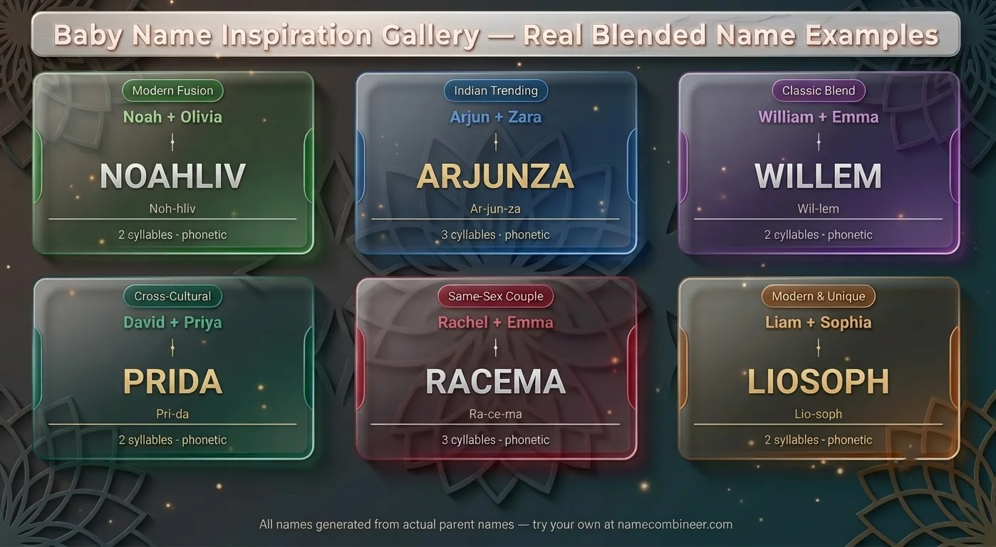 Baby name inspiration gallery showing real blended baby name examples such as Noah plus Olivia making Noahliv, and Arjun plus Zara making Arjunza